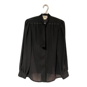 80s Vintage Black Sheer Tie-Neck Blouse Elite International Size 12